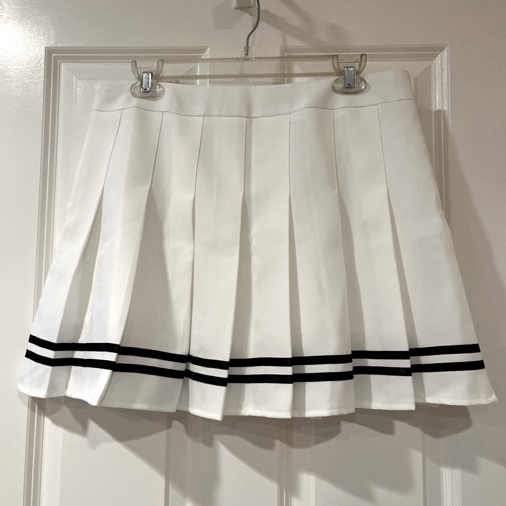 White Pleated Skirt with Black Stripes